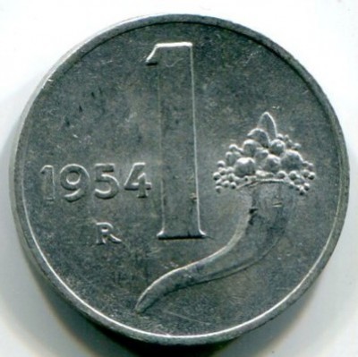 Монета Италия 1 лира 1954 год.