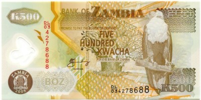 Банкнота Замбия 500 квача 2008 год.