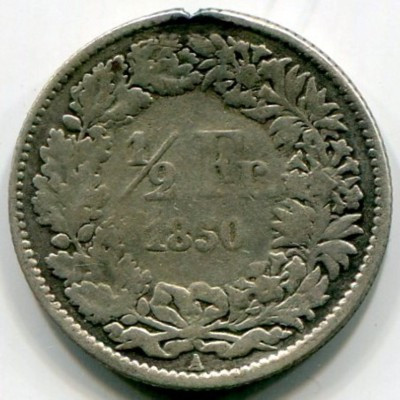 Монета Швейцария 1/2 франка 1850 год.