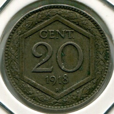 Монета Италия 20 чентезимо 1918 год.