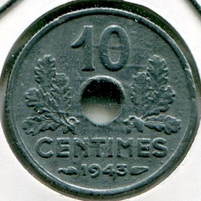Монета Франция 10 сантимов 1943 год.