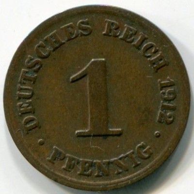 Монета Германия 1 пфенниг 1912 год. D