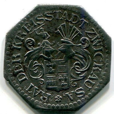 Монета Цвайкау 10 пфеннигов 1918 год. Нотгельд