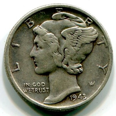 Монета США 1 дайм 1943 год.