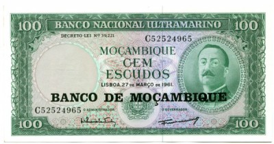 Банкнота Мозамбик 100 эскудо 1961 год.