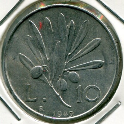 Монета Италия 10 лир 1949 год.