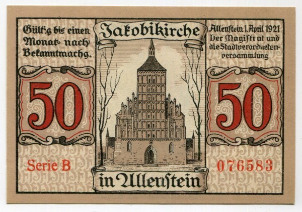 Банкнота Валленштейн 50 пфеннигов 1921 год.