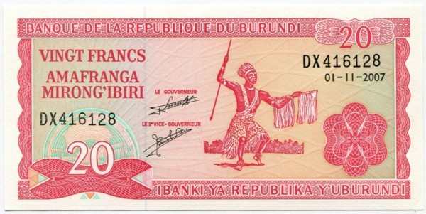 Банкнота Бурунди 20 франков 2007 год.