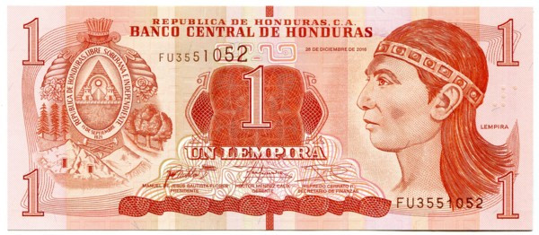 Банкнота Гондурас 1 лемпира 2016 год.