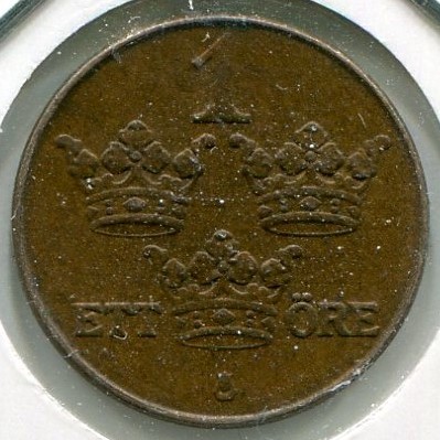 Монета Швеция 1 эре 1938 год.