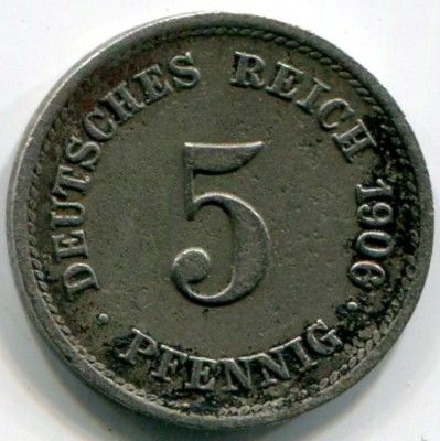 Монета Германия 5 пфеннигов 1906 год. G