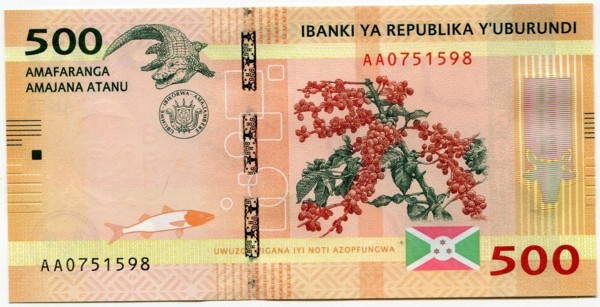 Банкнота Бурунди 500 франков 2015 год.
