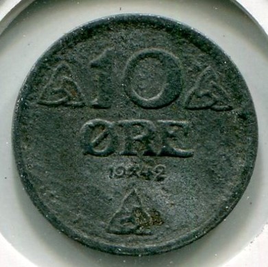 Монета Норвегия 10 эре 1942 год.