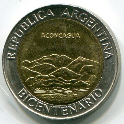 Монета Аргентина 1 песо 2010 год. 200 лет Аргентине - вулкан Аконкагуа.