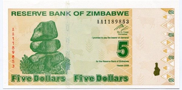 Банкнота Зимбабве 5 долларов 2009 год.