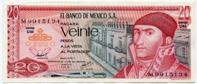 Банкнота Мексика 20 песо 1977 год. Синяя печать.