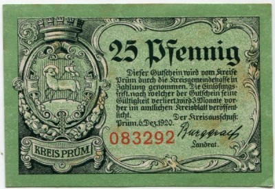 Банкнота город Прюм 25 пфеннигов 1920 год.