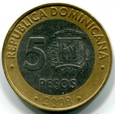 Монета Доминиканская республика 5 песо 2008 год. 