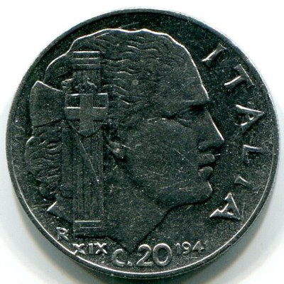 Монета Италия 20 чентезимо 1941 год.