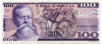 Банкнота Мексика 100 песо 1982 год. 