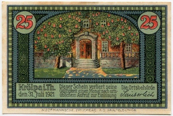 Банкнота коммуна Крёльпа 25 пфеннигов 1921 год.