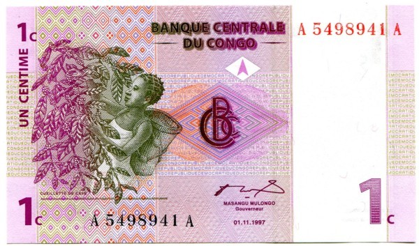 Банкнота Конго 1 цент 1997 год.