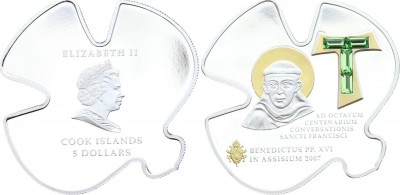 Острова Кука 5 долларов 2007 Папа Римский Бенедикт XVI.