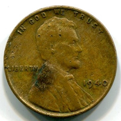 Монета США 1 цент 1940 год.