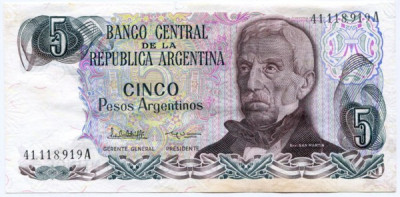 Банкнота Аргентины 5 песо 1983 год.