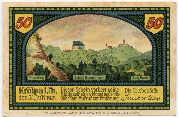 Банкнота коммуна Крёльпа 50 пфеннигов 1921 год.