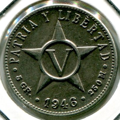 Монета Куба 5 сентаво 1946 год.
