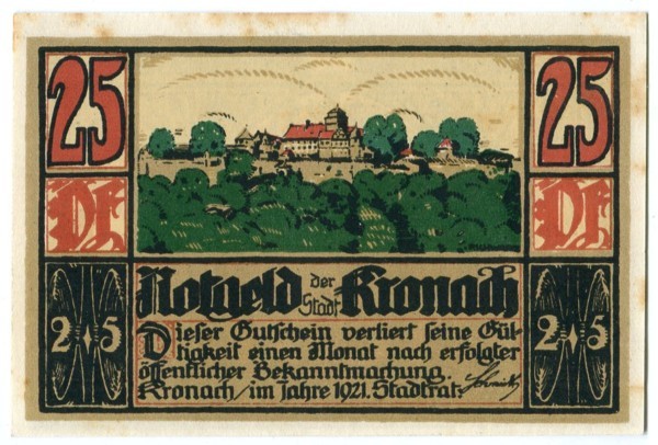 Банкнота город Кронах 25 пфеннигов 1921 год.