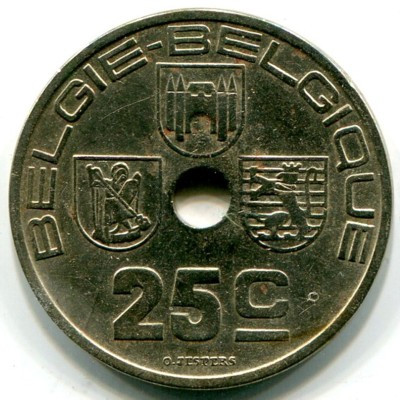 Монета Бельгия 25 сантимов 1938 год.