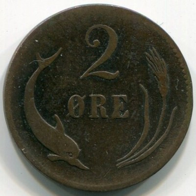 Монета Дания 2 эре 1874 год.