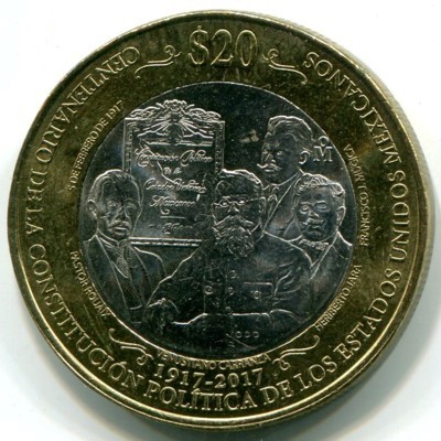 Монета Мексика 20 песо 2017 год. 100 лет конституции Мексики.