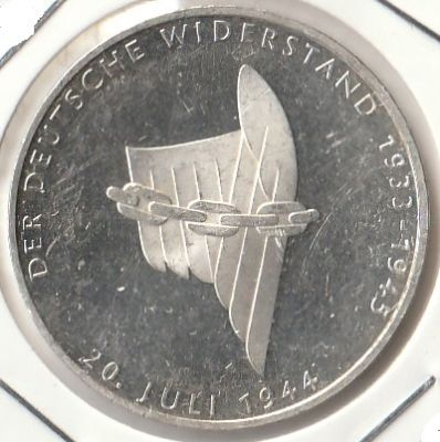Германия 10 марок 1994 г. 50 лет с момента покушения на Адольфа Гитлера A
