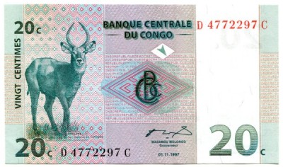 Банкнота Конго 20 центов 1997 год. 