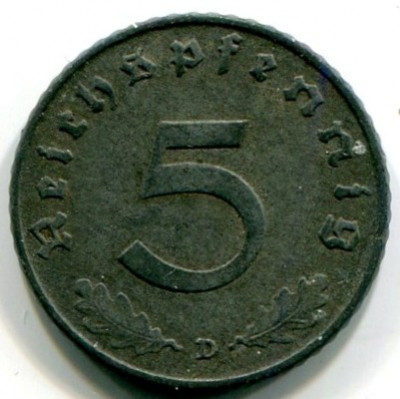 Монета Германия 5 рейхспфеннигов 1940 год. D