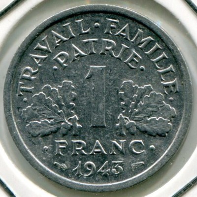 Монета Франция 1 франк 1943 год.