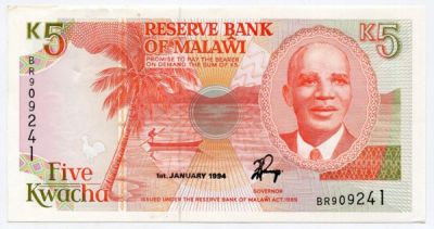 Банкнота Малави 5 квача 1989 год.
