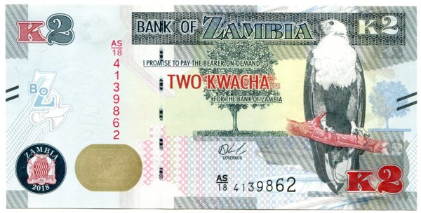 Банкнота Замбия 2 квача 2018 год.