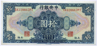 Банкнота Китай 10 долларов 1928 год. Шанхай