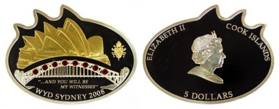 Острова Кука 5 долларов, 2008 год. Визит Бенедикта XVI в Сидней