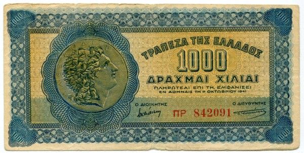 Банкнота Греция 1000 драхм 1941 год.