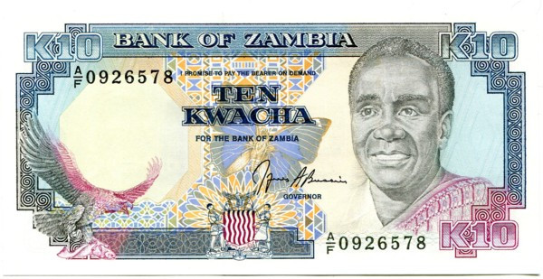 Банкнота Замбия 10 квача 1989-1991 год.