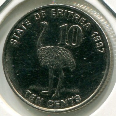 Монета Эритрея 10 центов 1997 год. Страус
