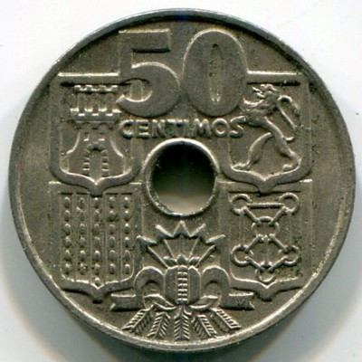 Монета Испания 50 сантимов 1965 год.