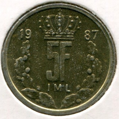 Монета Люксембург 5 франков 1987 год.