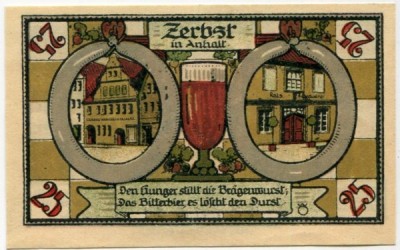 Банкнота город Цербст 25 пфеннигов 1921 год.