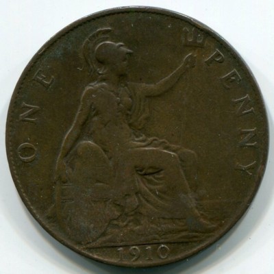 Монета Великобритания 1 пенни 1910 год. Король Эдвард VII